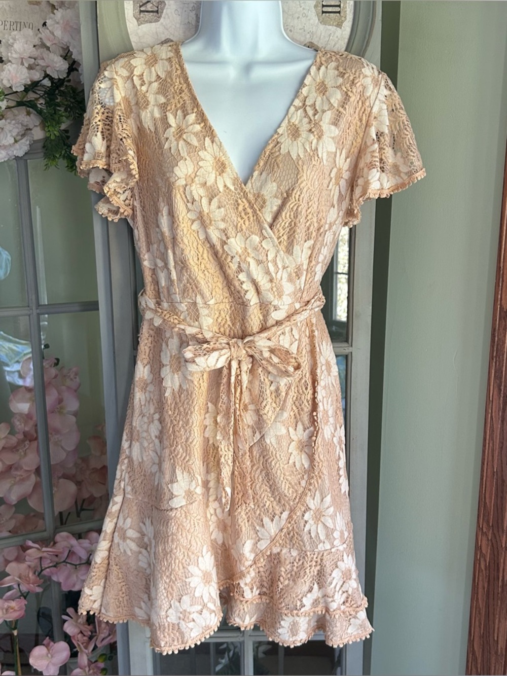 NWT HALF ISLAND Floral Lace Faux Wrap Mini Dress V Neck Blushy Tan Size M